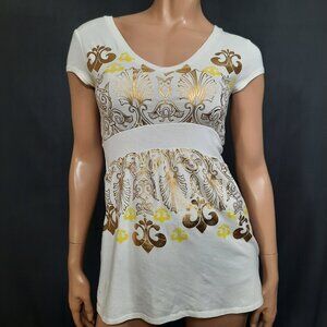 Y2K Dereon Beyonce Babydoll T shirt Top Size S V Neck Off White Fleur de Lis